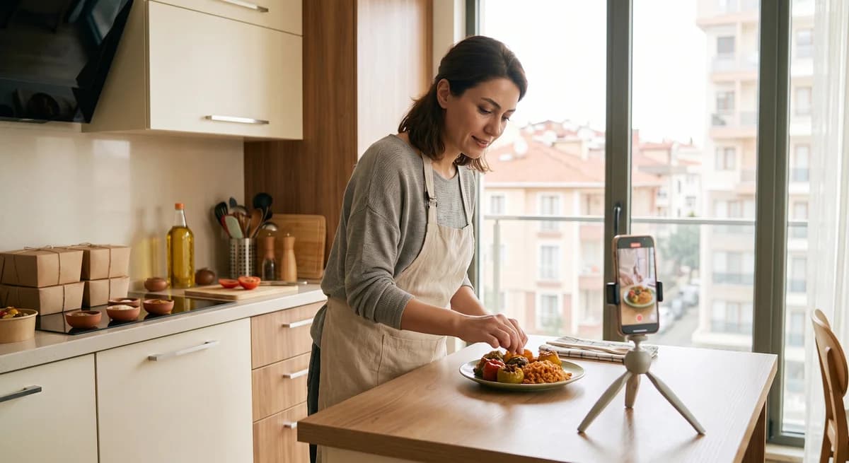 A home cook plating a meal and sharing it on her phone