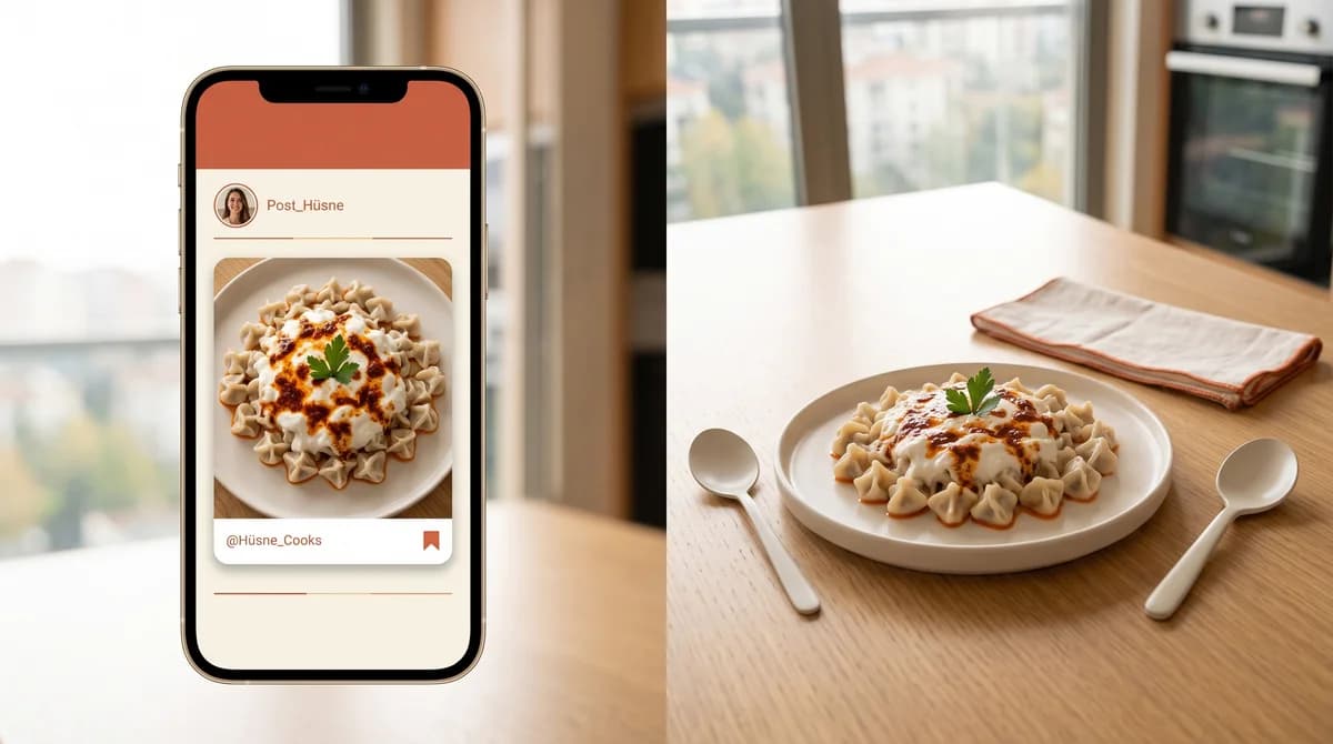 A homemade plate of manti alongside its story on a phone