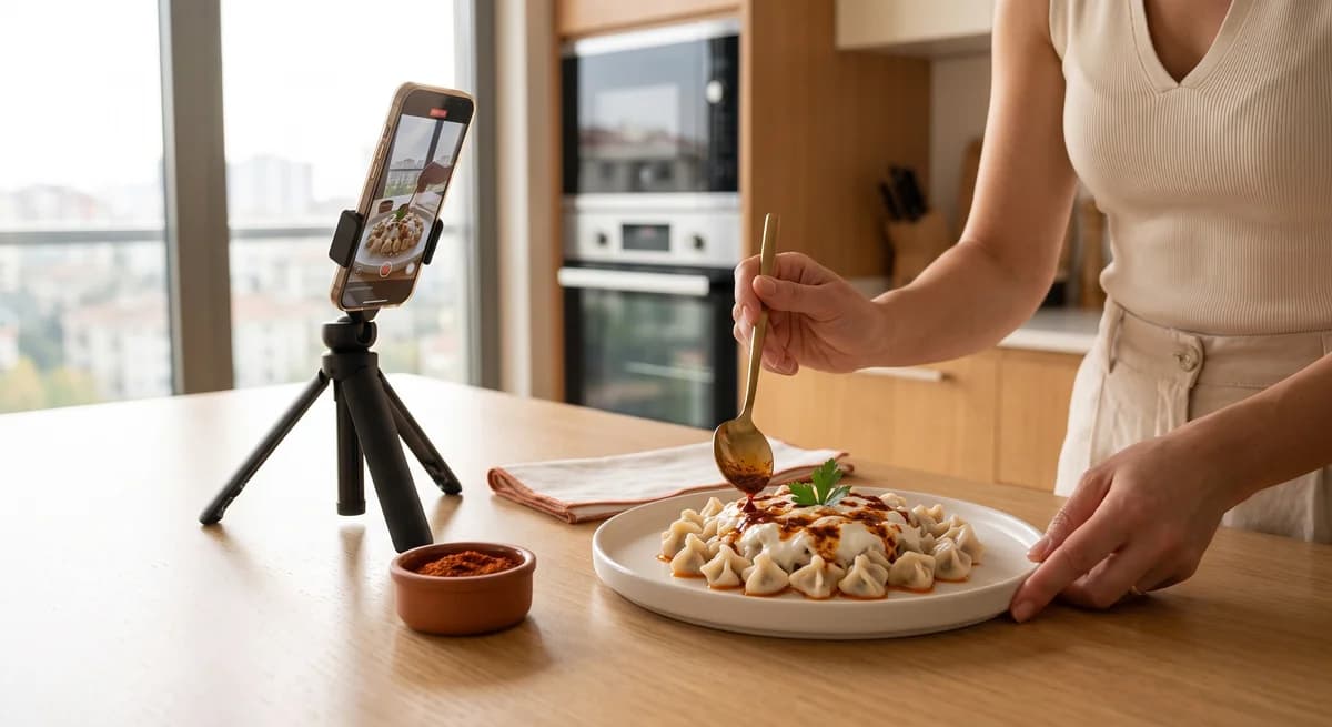 A home cook preparing manti and sharing the dish on her phone